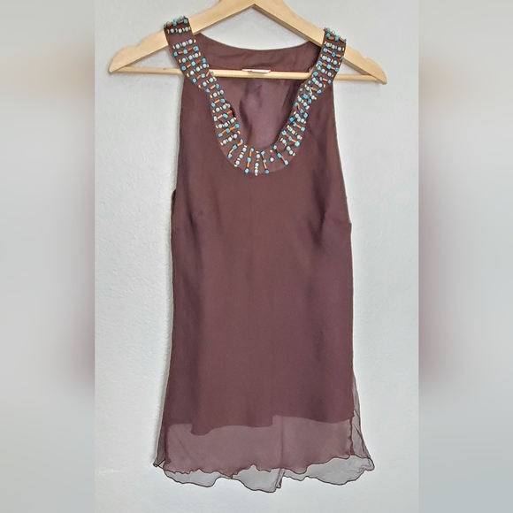 💚5/$25 Caché Silk Dark Brown Beaded Embellished Sleeveless Blouse Size Medium - Picture 1 of 8